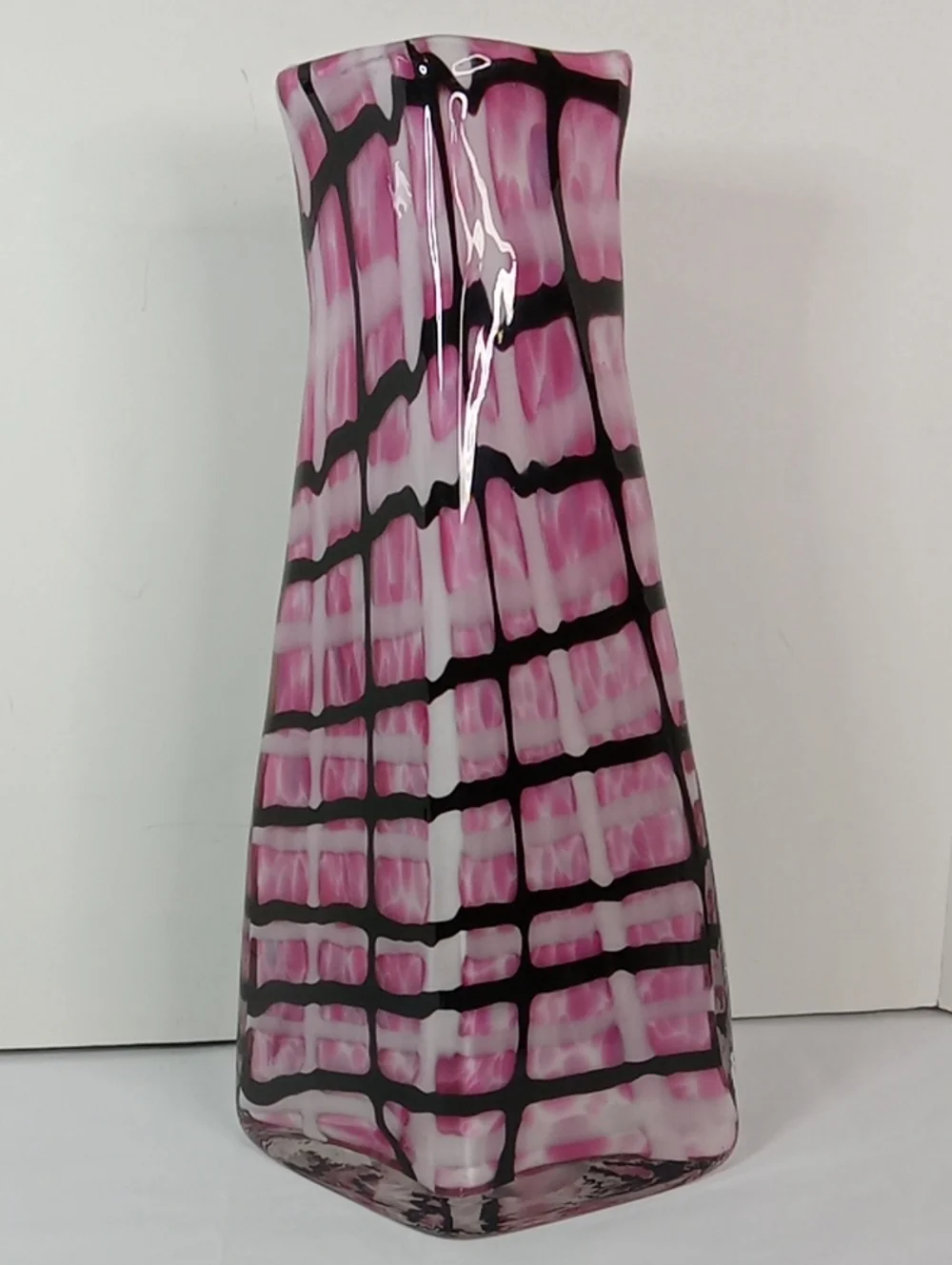 Handblown Large Stylish Pink BLack White Patterned Grid Print Glass Vase Whimsy